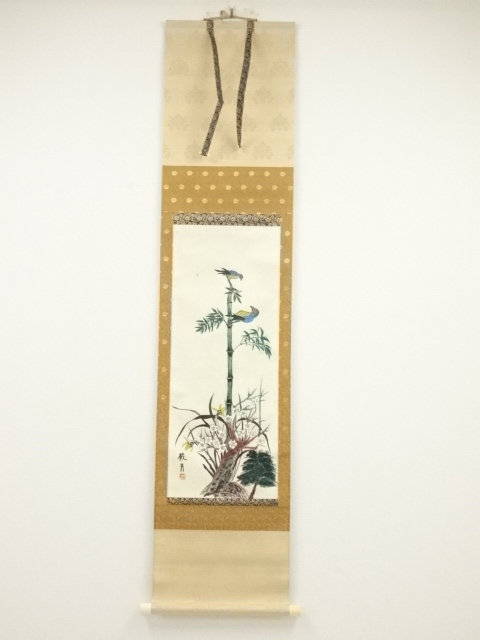 JAPANESE HANGING SCROLL / HAND PAINTED / BIRD & FLOWER